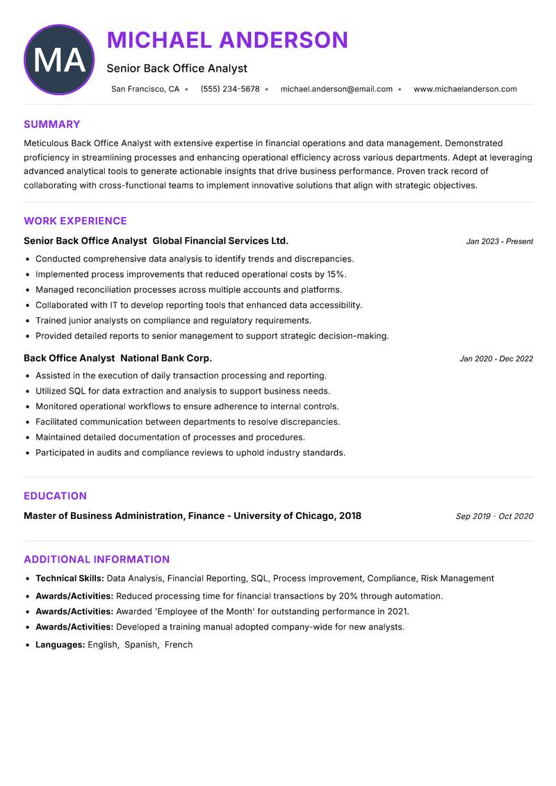 Back Office Analyst resume example