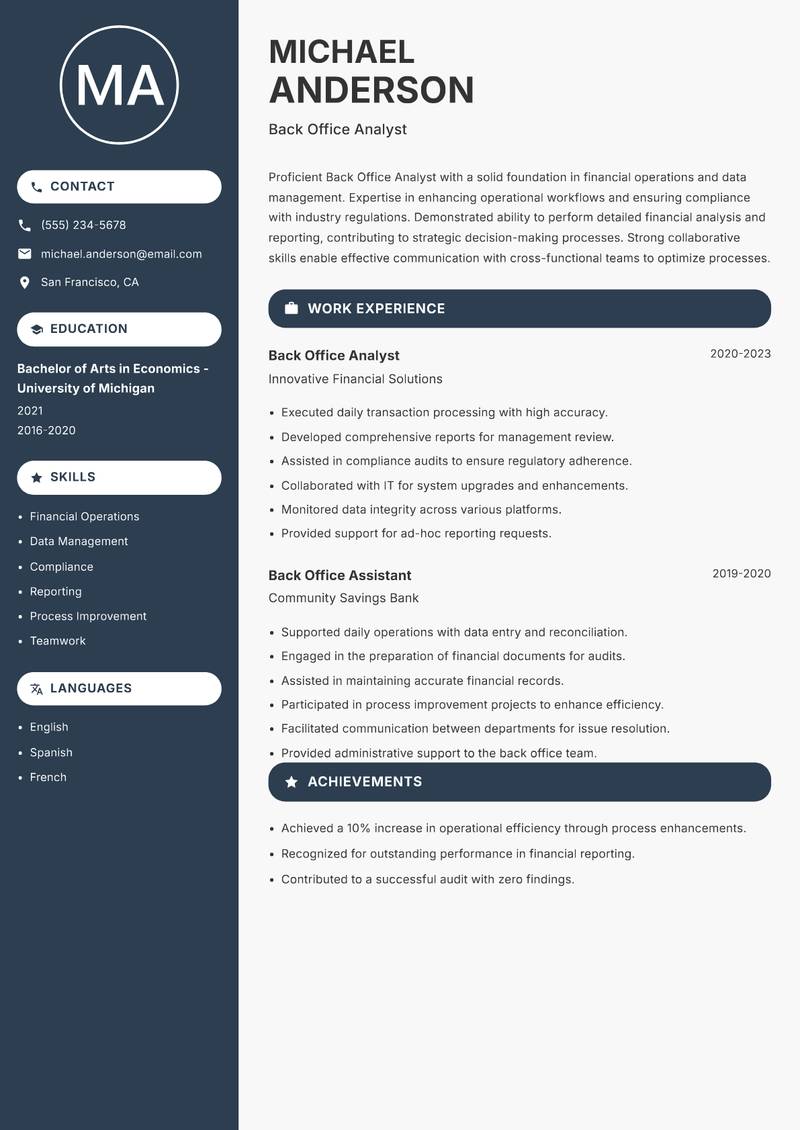 Back Office Analyst resume sample — Back Office Analyst focus