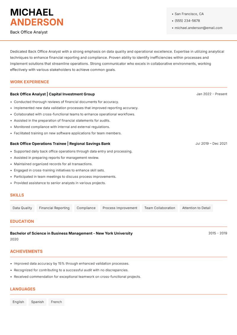 Back Office Analyst resume sample — Back Office Analyst focus