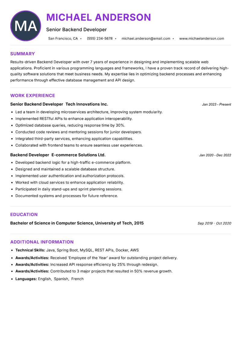 Backend Developer resume example