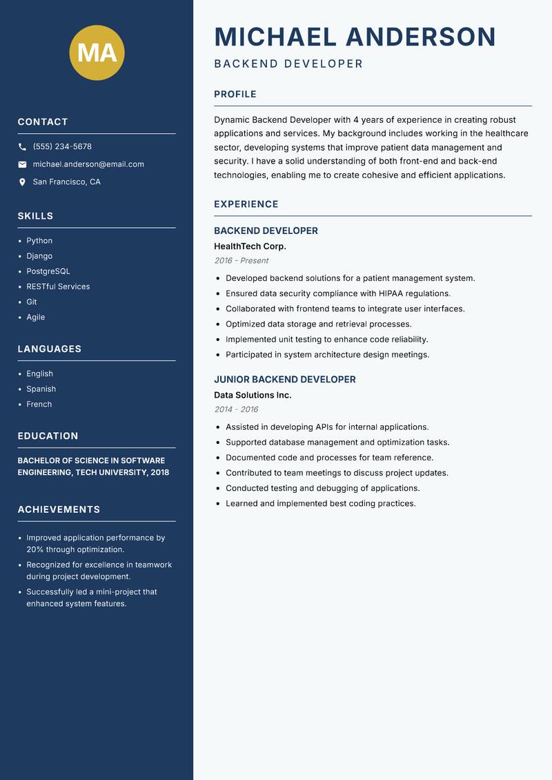 Backend Developer resume sample — Backend Developer focus