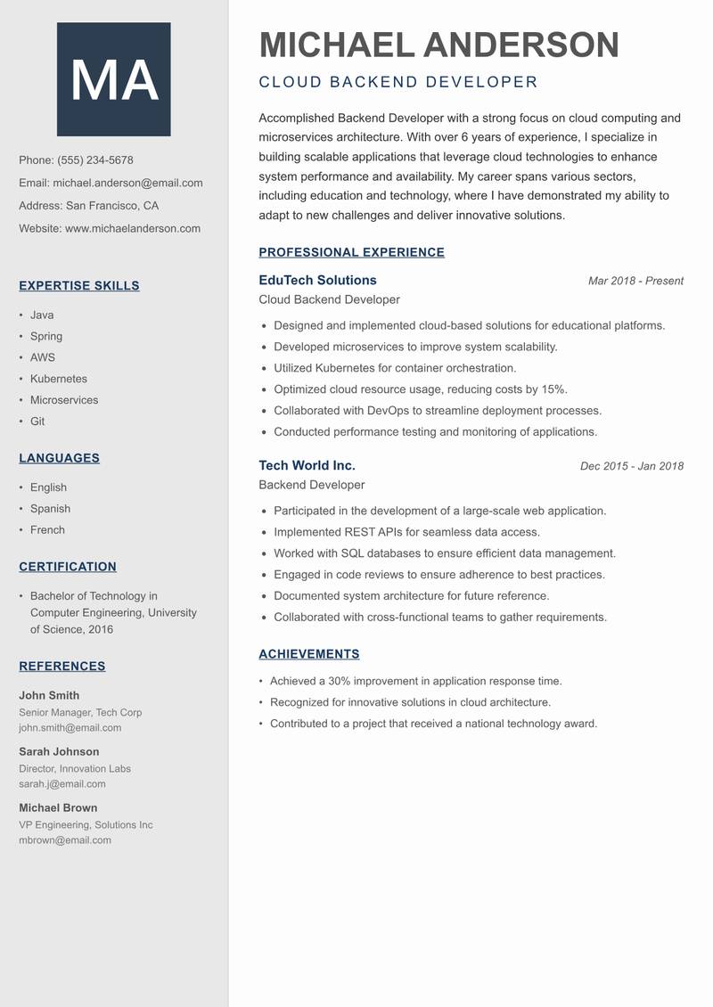 Backend Developer resume sample — Cloud Backend Developer focus