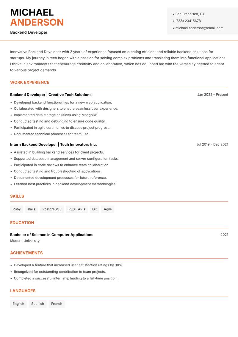 Backend Developer resume sample — Backend Developer focus