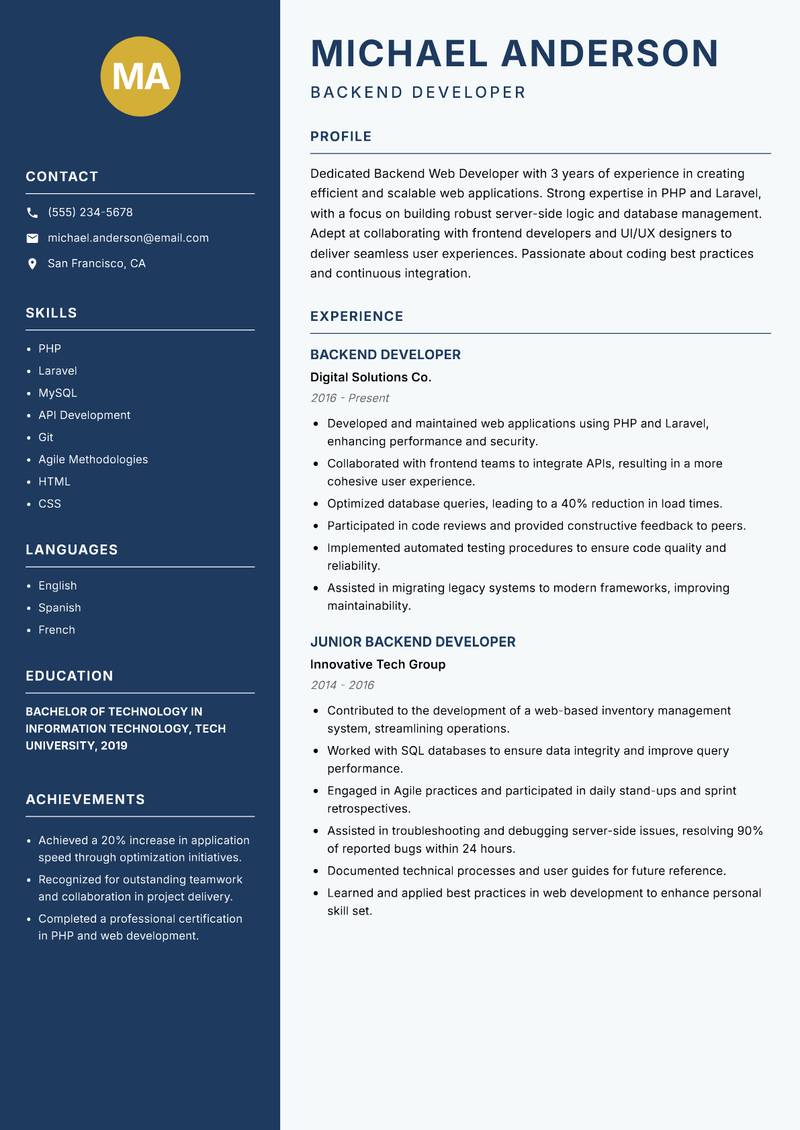 Backend Web Developer resume sample — Backend Developer focus