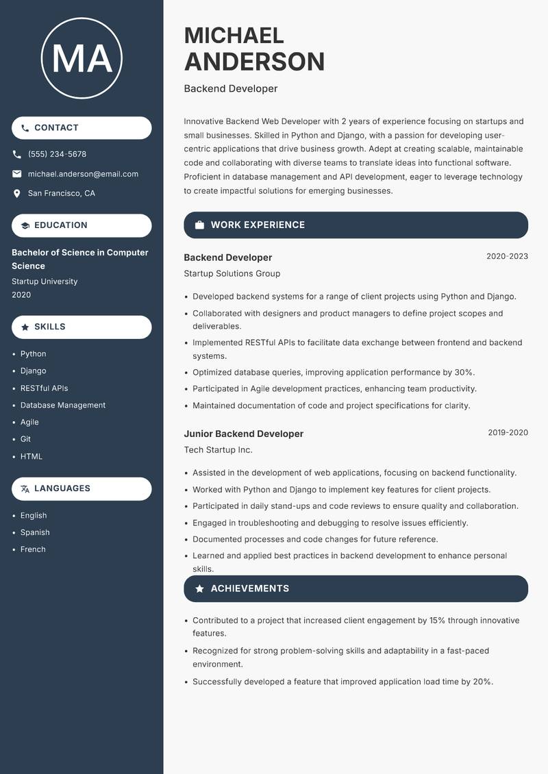 Backend Web Developer resume sample — Backend Developer focus