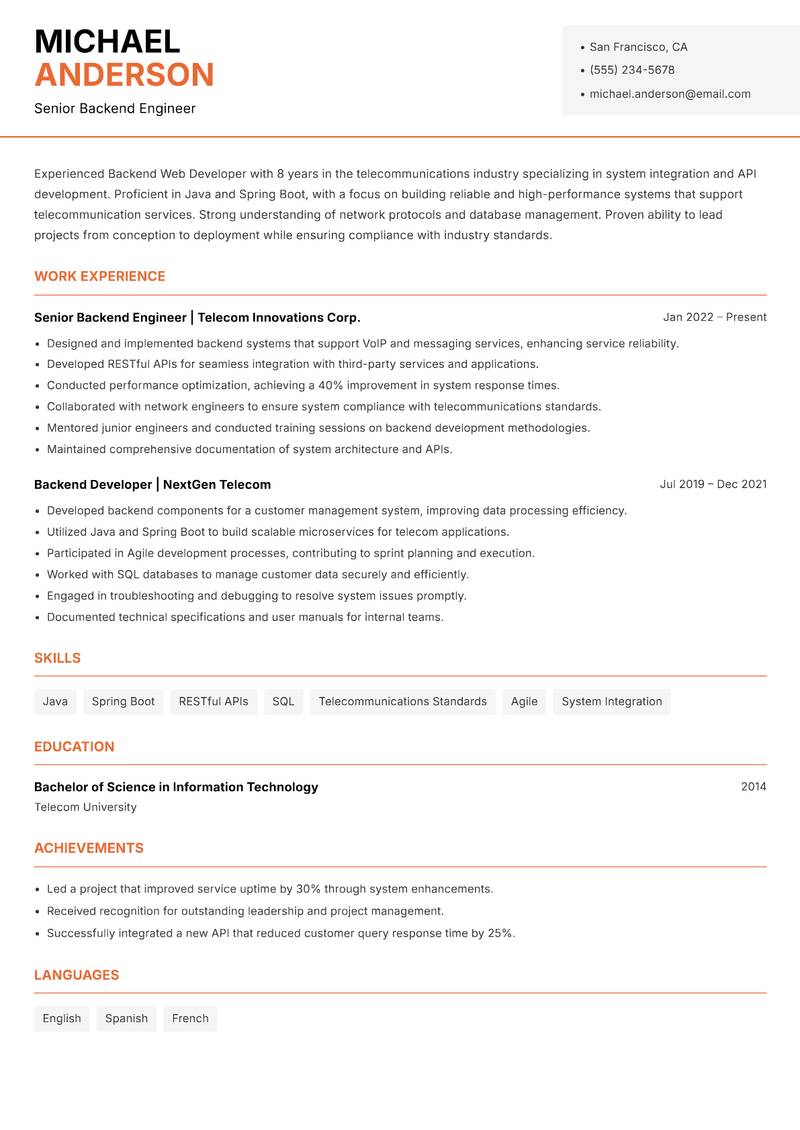 Backend Web Developer resume sample — Senior Backend Engineer focus