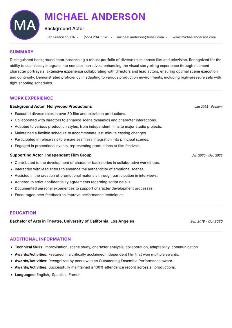 Background Actor resume example