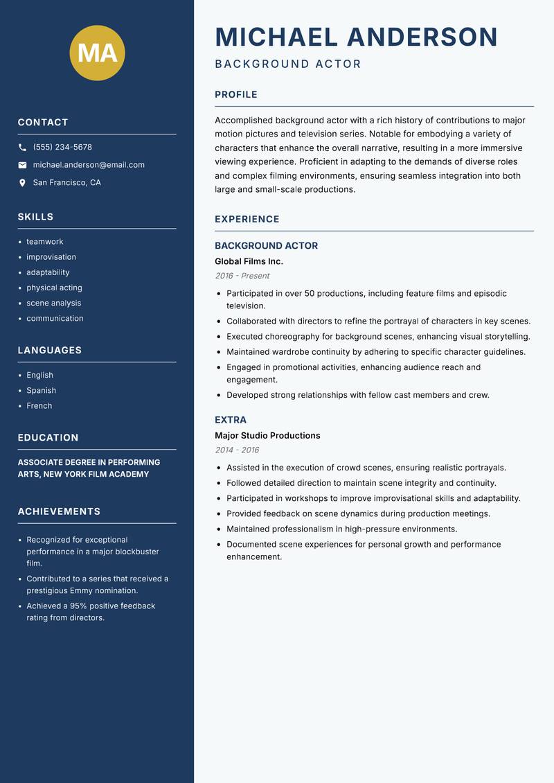 Background Actor resume sample — Background Actor focus