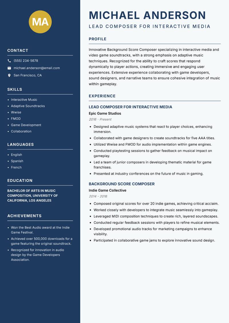 Background Score Composer resume sample — Lead Composer for Interactive Media focus