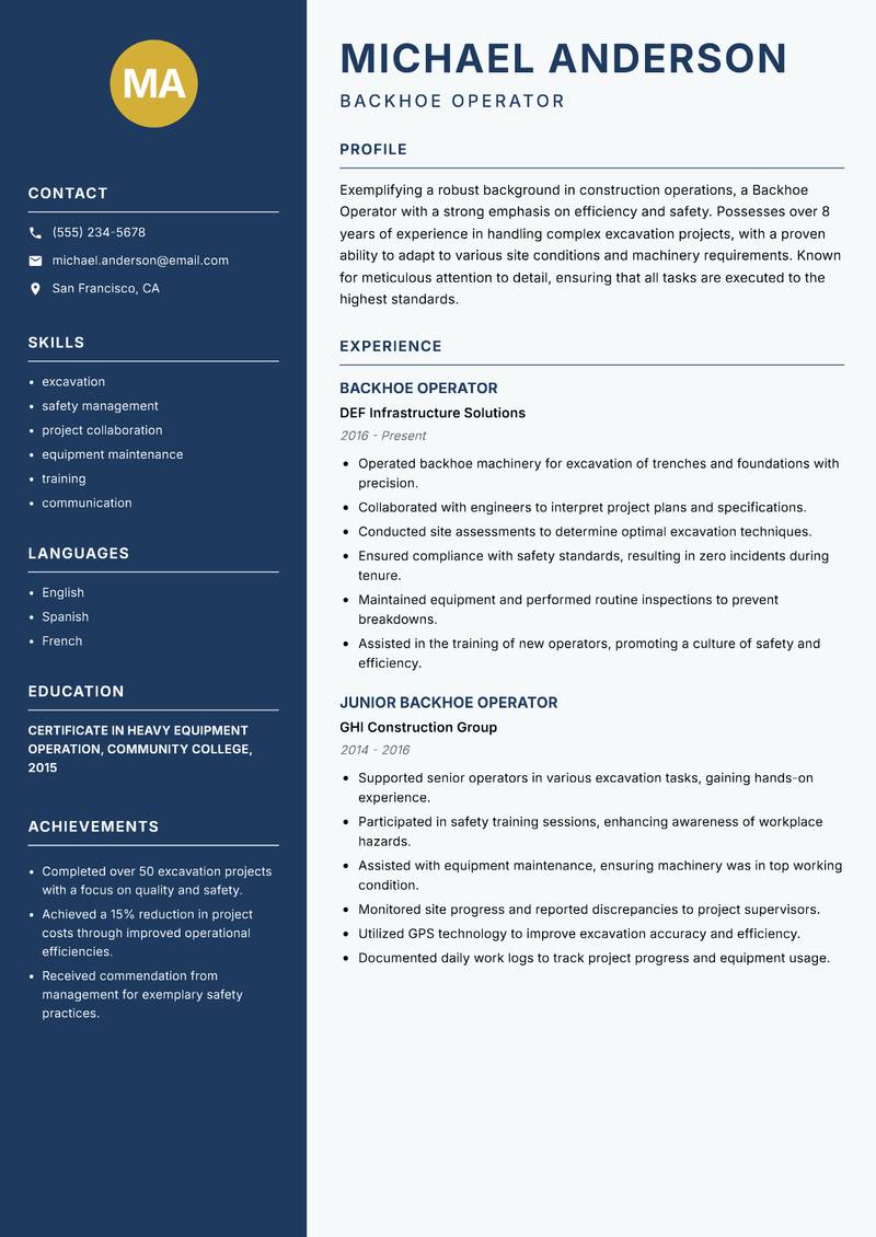 Backhoe Operator resume sample — Backhoe Operator focus