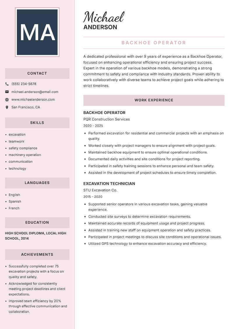 Backhoe Operator resume sample — Backhoe Operator focus