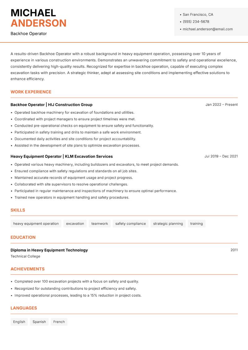 Backhoe Operator resume sample — Backhoe Operator focus
