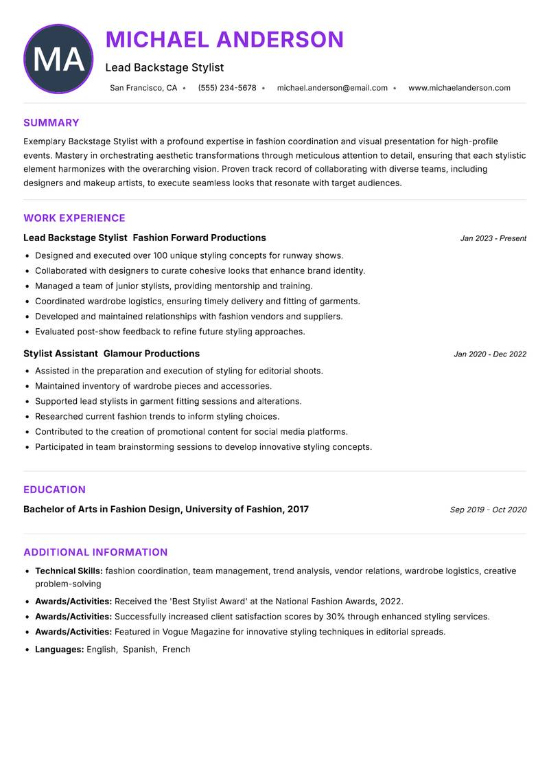 Backstage Stylist resume example — Fashion & Styling