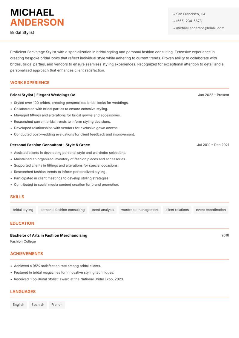 Backstage Stylist resume sample — Bridal Stylist focus