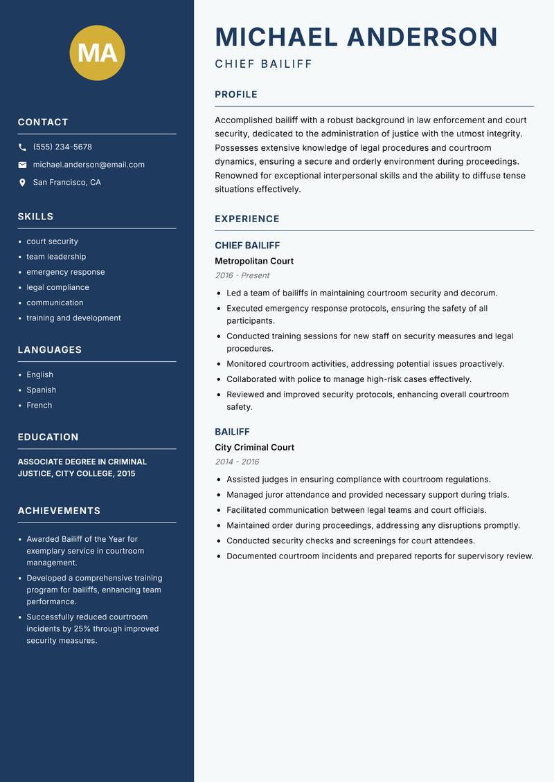 Bailiff resume sample — Chief Bailiff focus