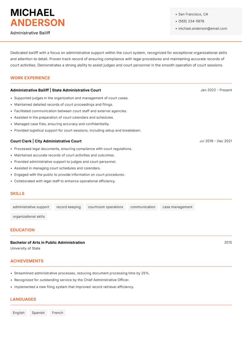 Bailiff resume sample — Administrative Bailiff focus