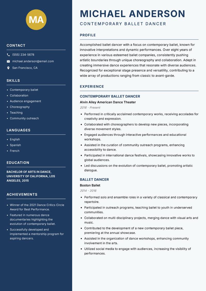 Ballet Dancer resume sample — Contemporary Ballet Dancer focus