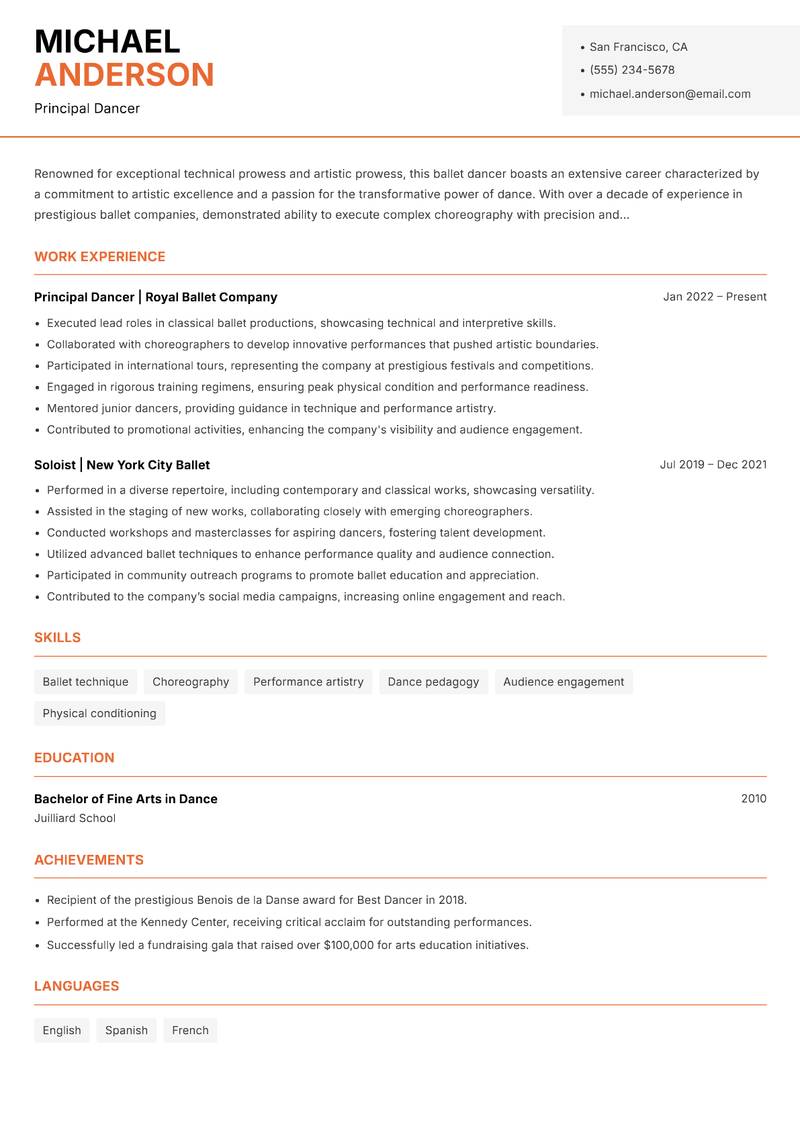 Ballet Dancer resume sample — Principal Dancer focus