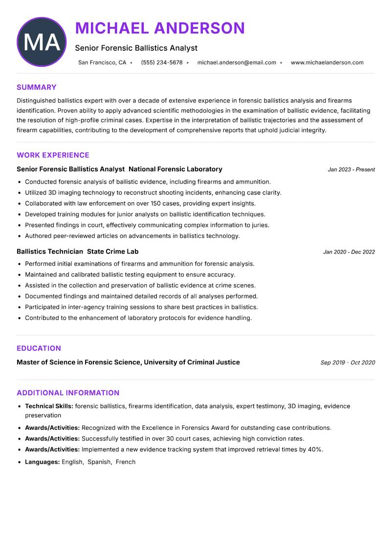 Ballistics Expert resume example