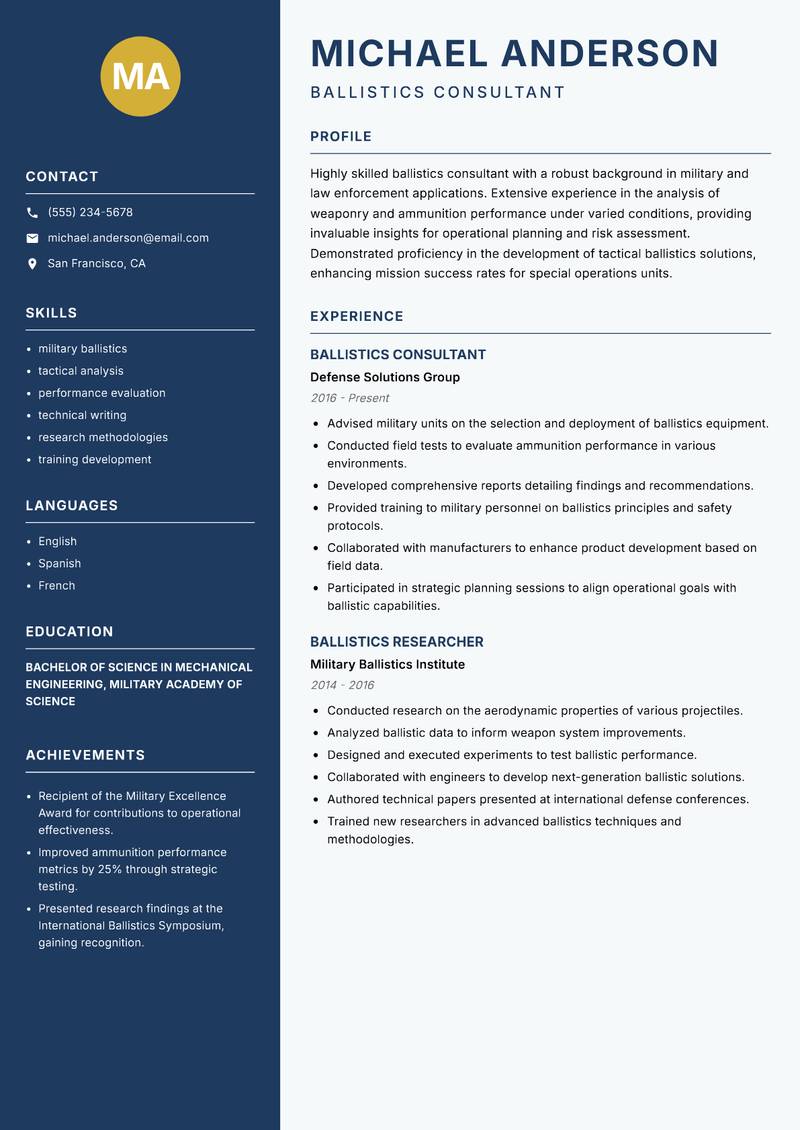 Ballistics Expert resume sample — Ballistics Consultant focus