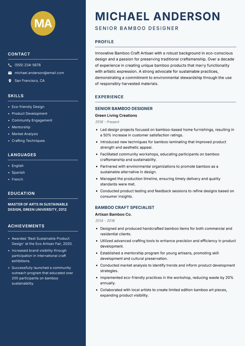 Bamboo Craft Artisan resume sample — Senior Bamboo Designer focus