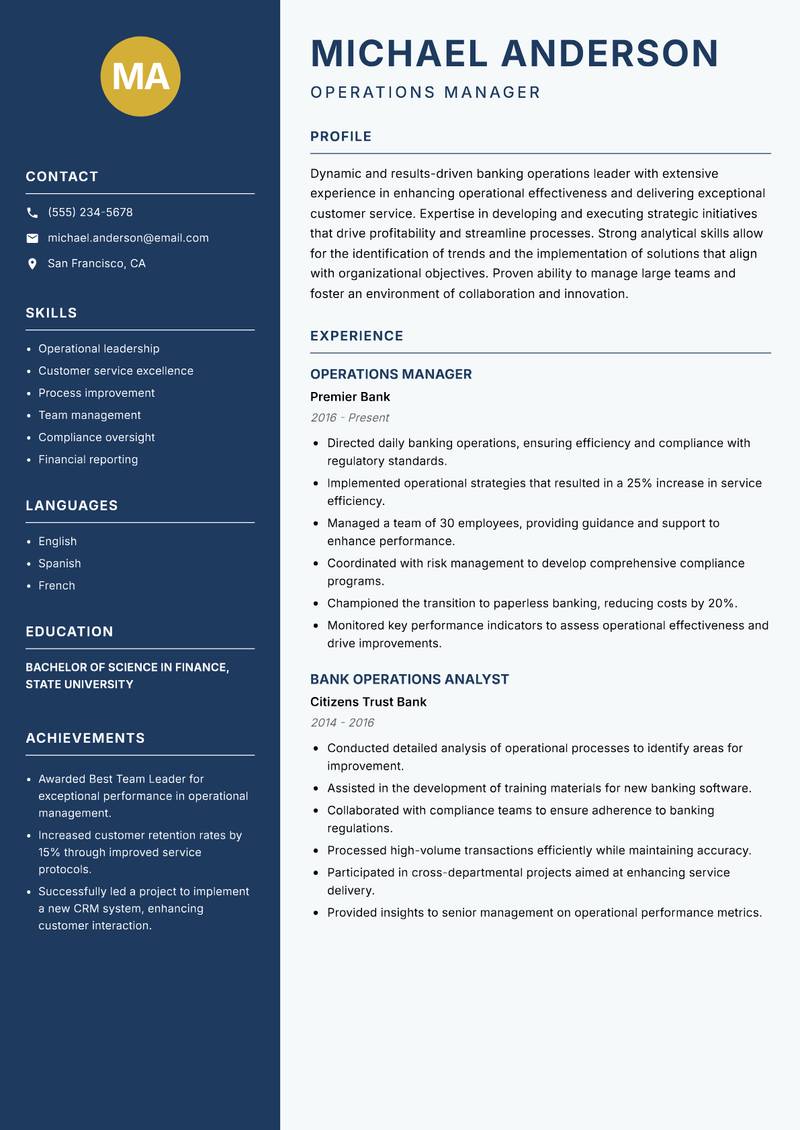 Bank Operations Officer resume sample — Operations Manager focus