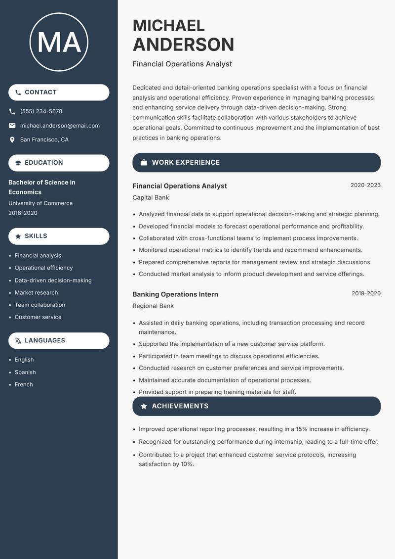 Bank Operations Officer resume sample — Financial Operations Analyst focus