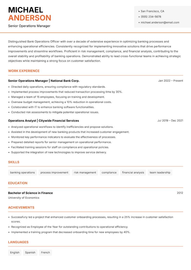 Bank Operations Officer resume sample — Senior Operations Manager focus