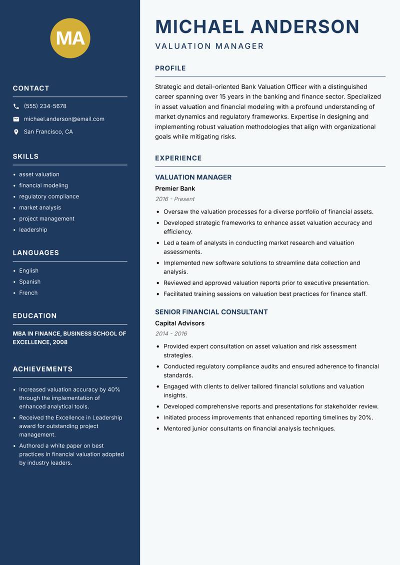 Bank Valuation Officer resume sample — Valuation Manager focus