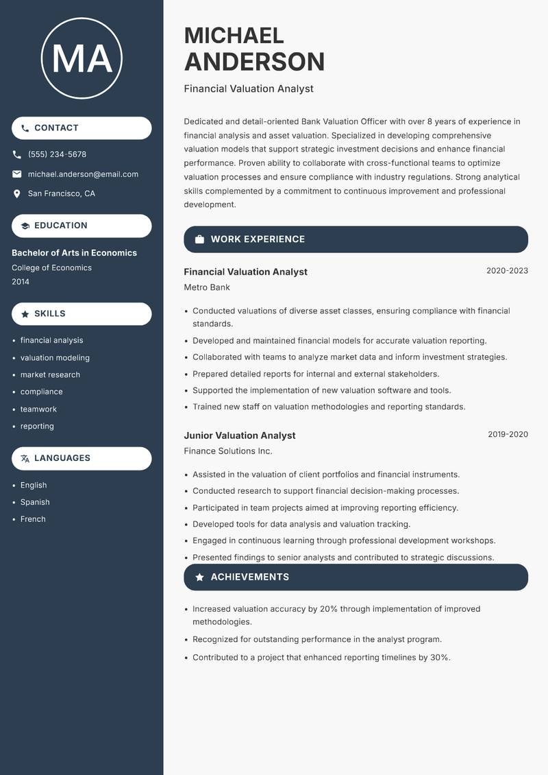 Bank Valuation Officer resume sample — Financial Valuation Analyst focus
