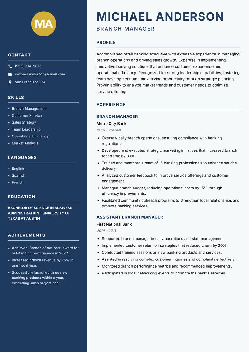 Banker resume sample — Branch Manager focus