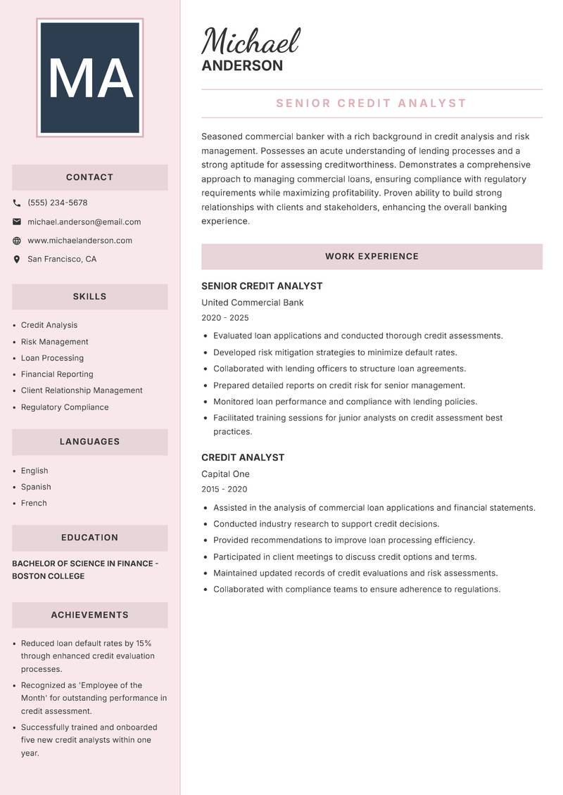 Banker resume sample — Senior Credit Analyst focus