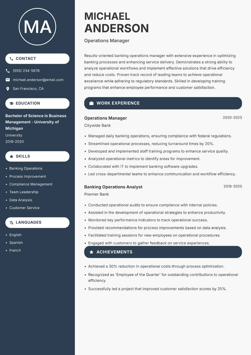 Banker resume sample — Operations Manager focus