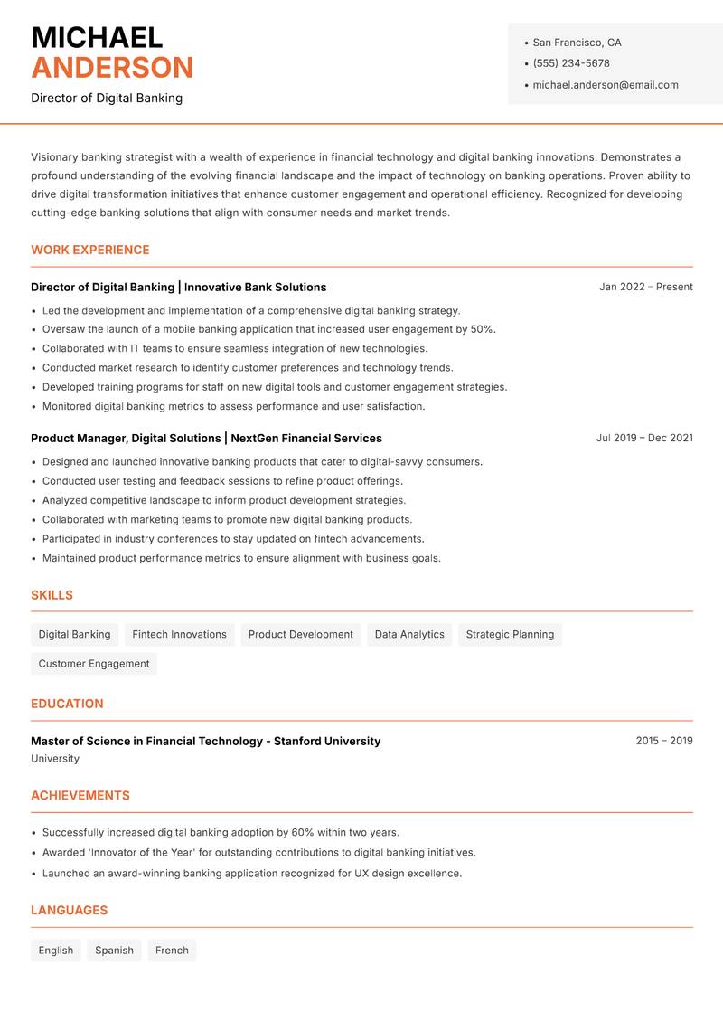 Banker resume sample — Director of Digital Banking focus
