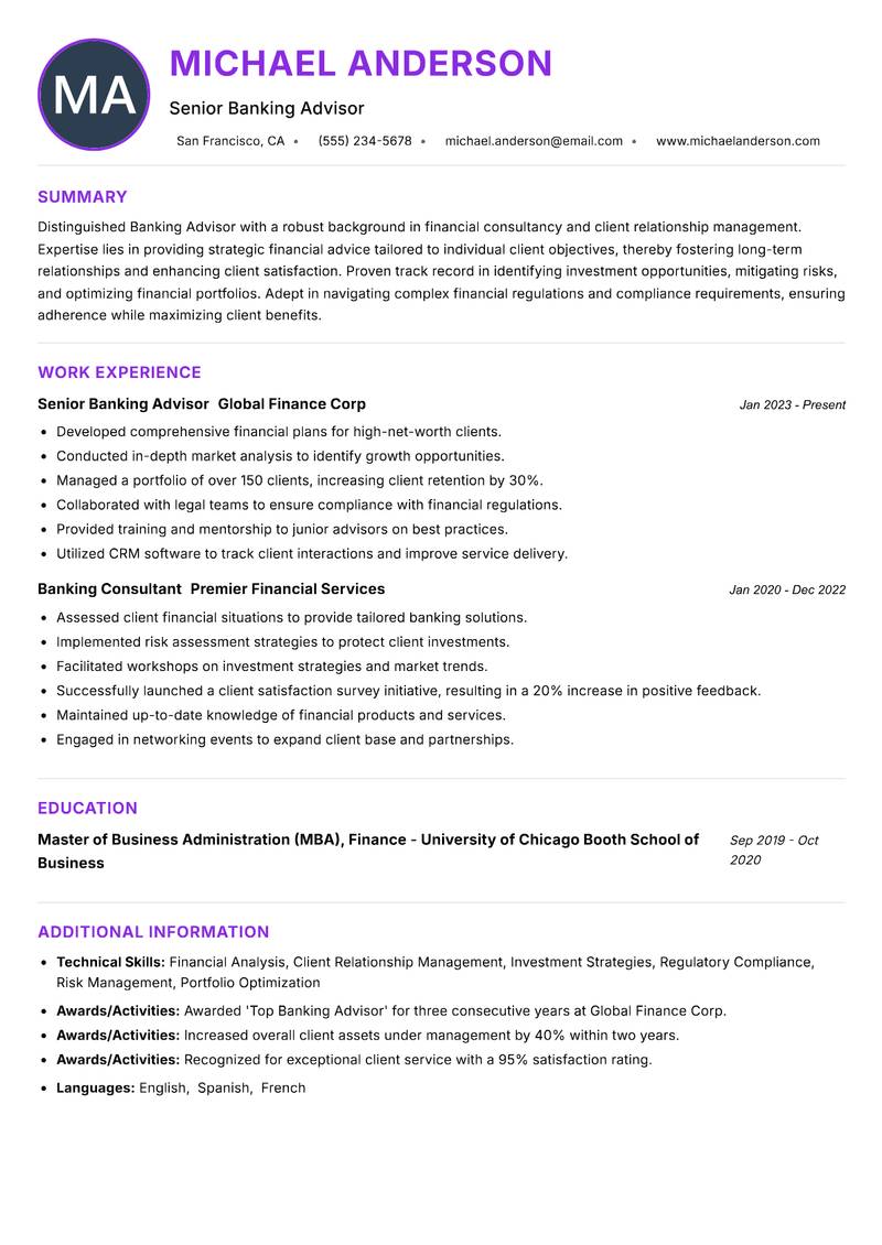 Banking Advisor resume example