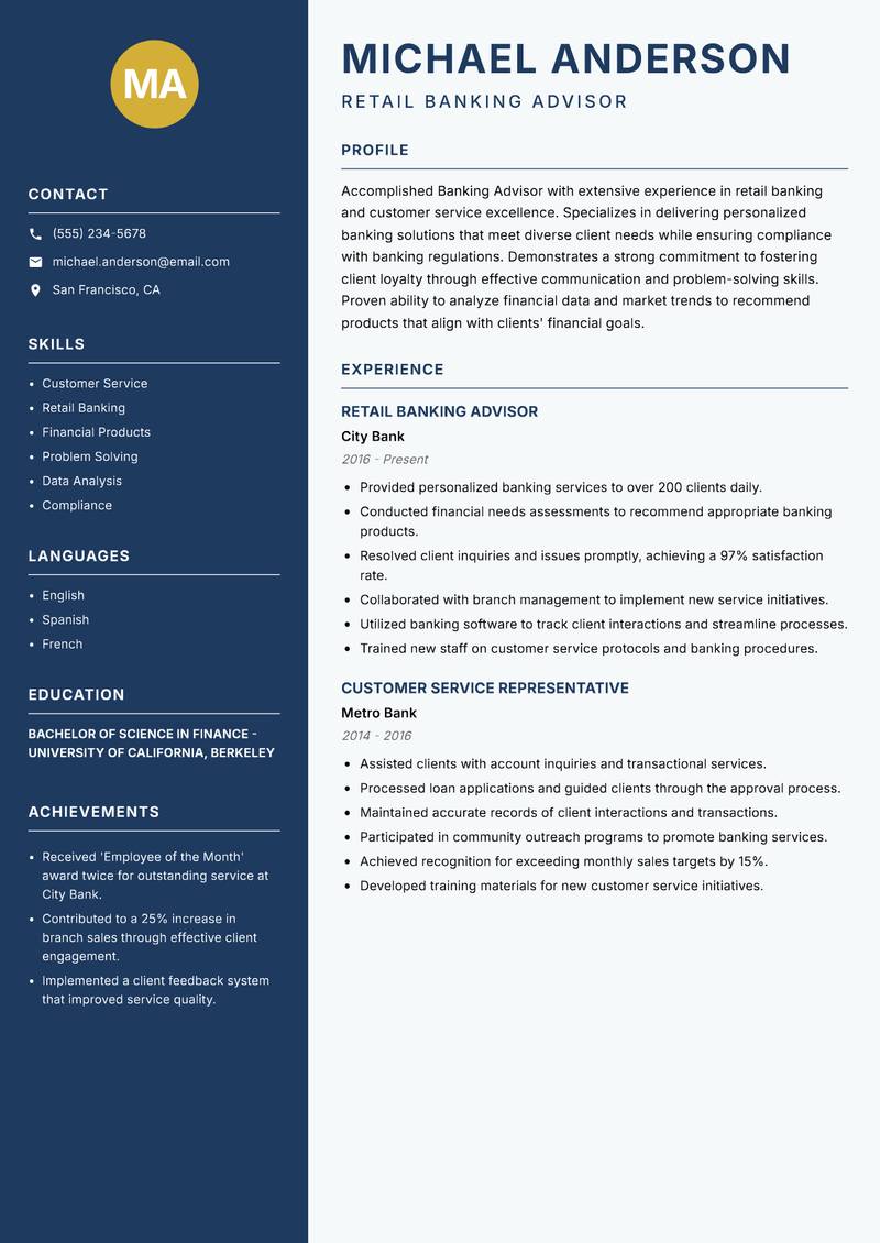 Banking Advisor resume sample — Retail Banking Advisor focus