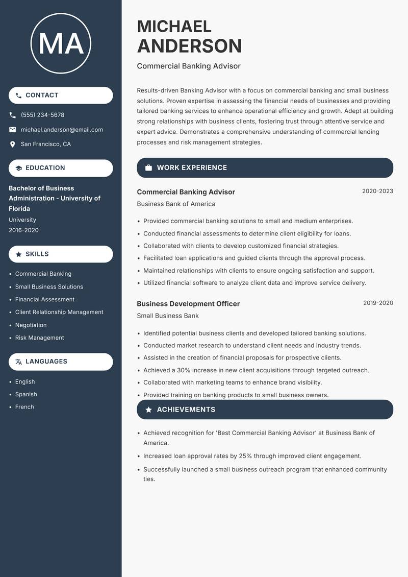 Banking Advisor resume sample — Commercial Banking Advisor focus