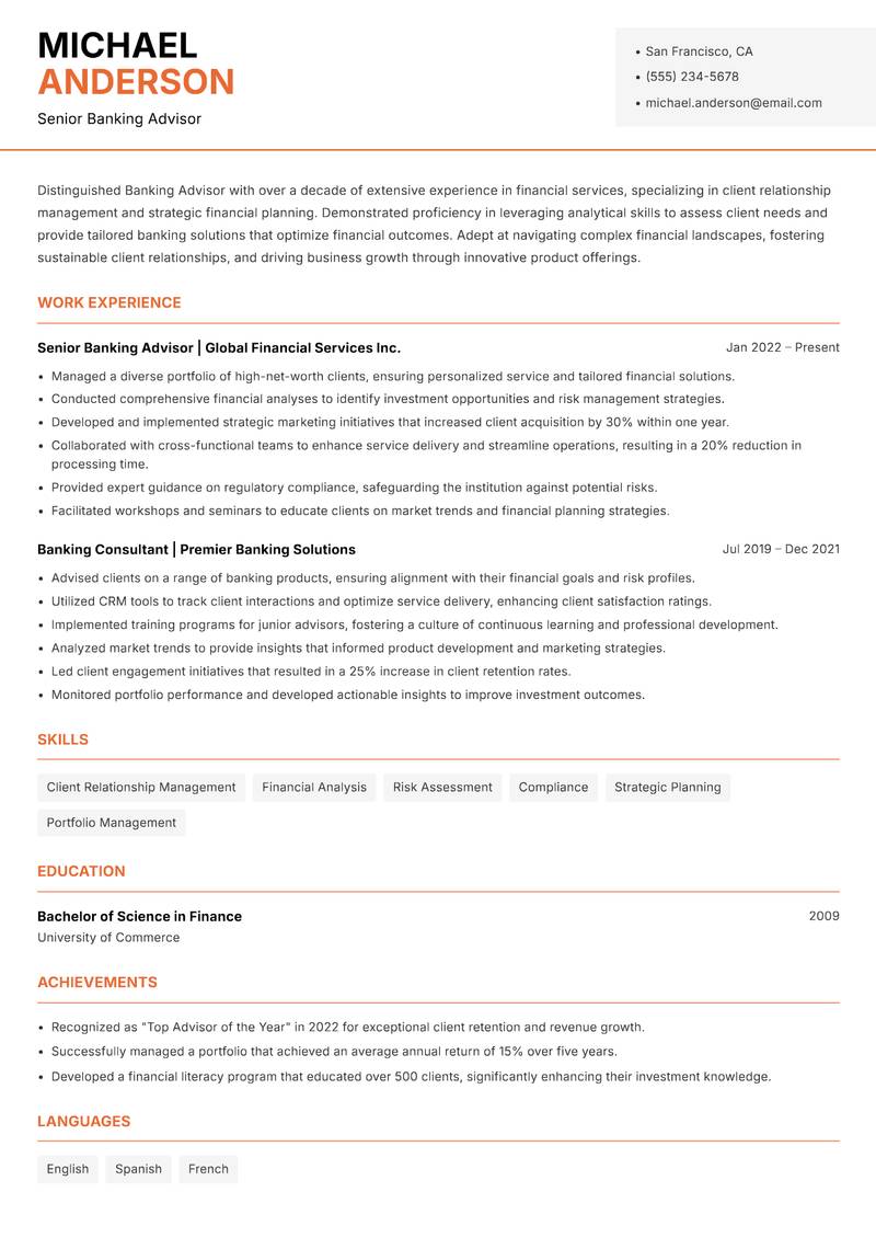 Banking Advisor resume sample — Senior Banking Advisor focus