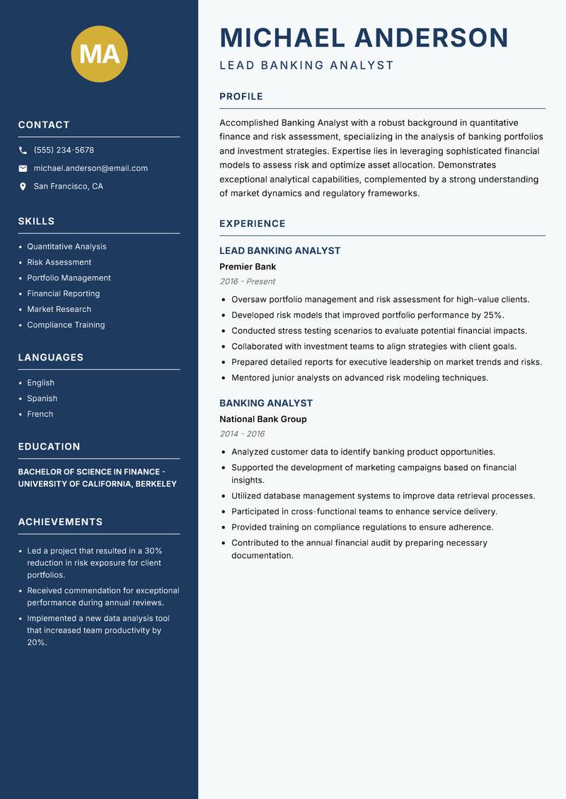 Banking Analyst resume sample — Lead Banking Analyst focus