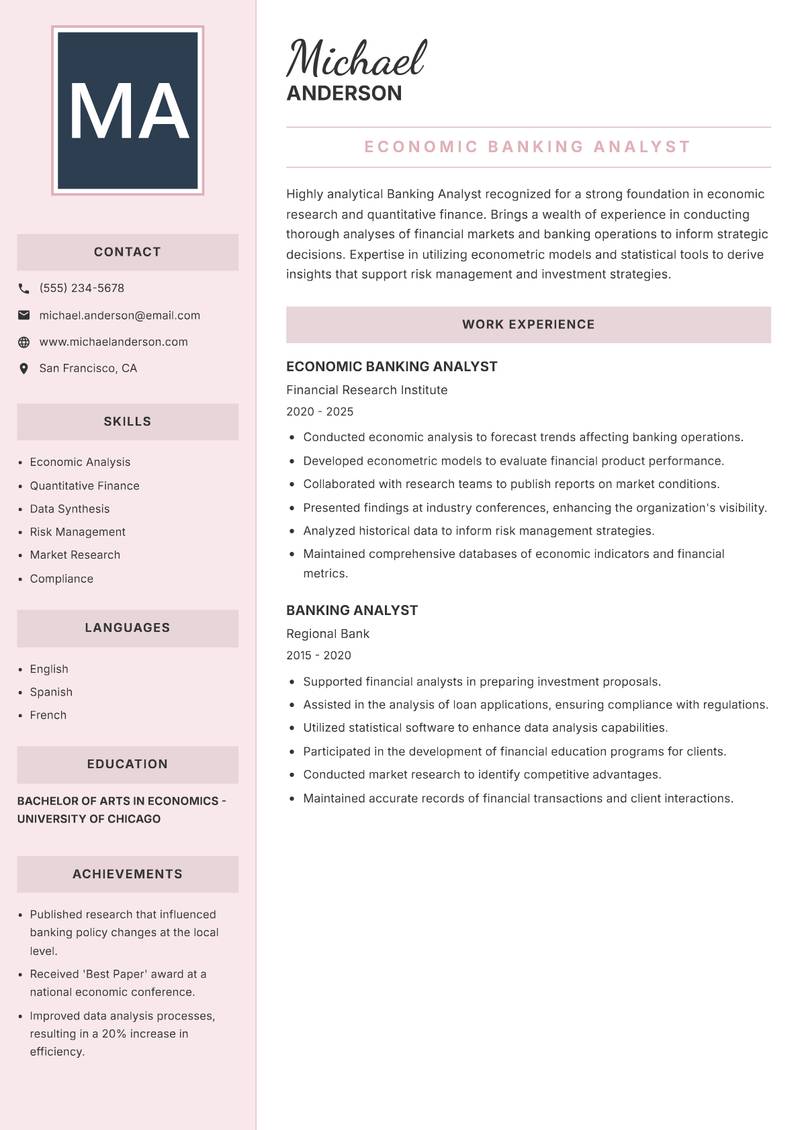 Banking Analyst resume sample — Economic Banking Analyst focus