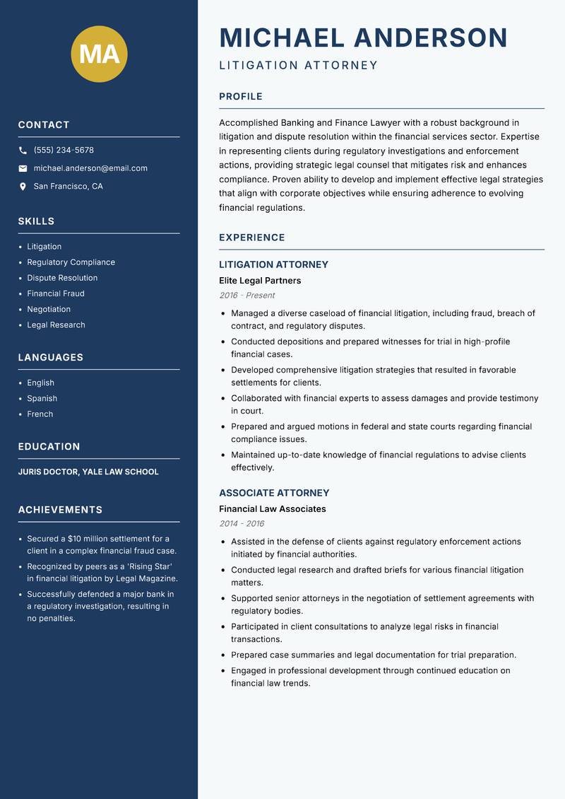 Banking and Finance Lawyer resume sample — Litigation Attorney focus