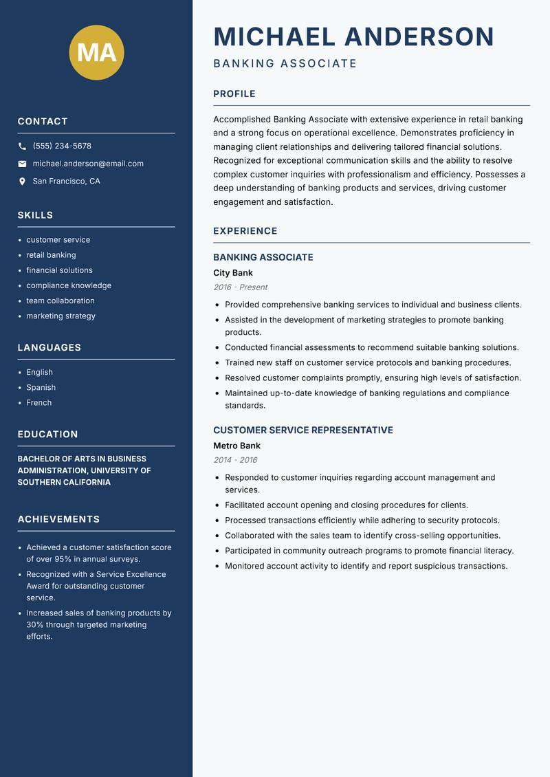 Banking Associate resume sample — Banking Associate focus