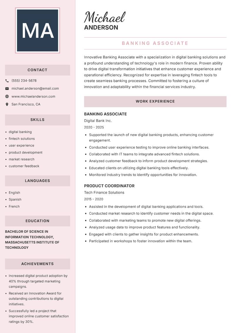 Banking Associate resume sample — Banking Associate focus