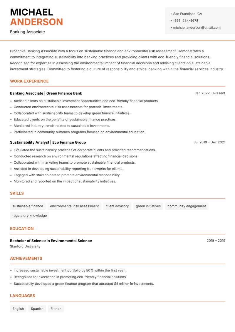 Banking Associate resume sample — Banking Associate focus