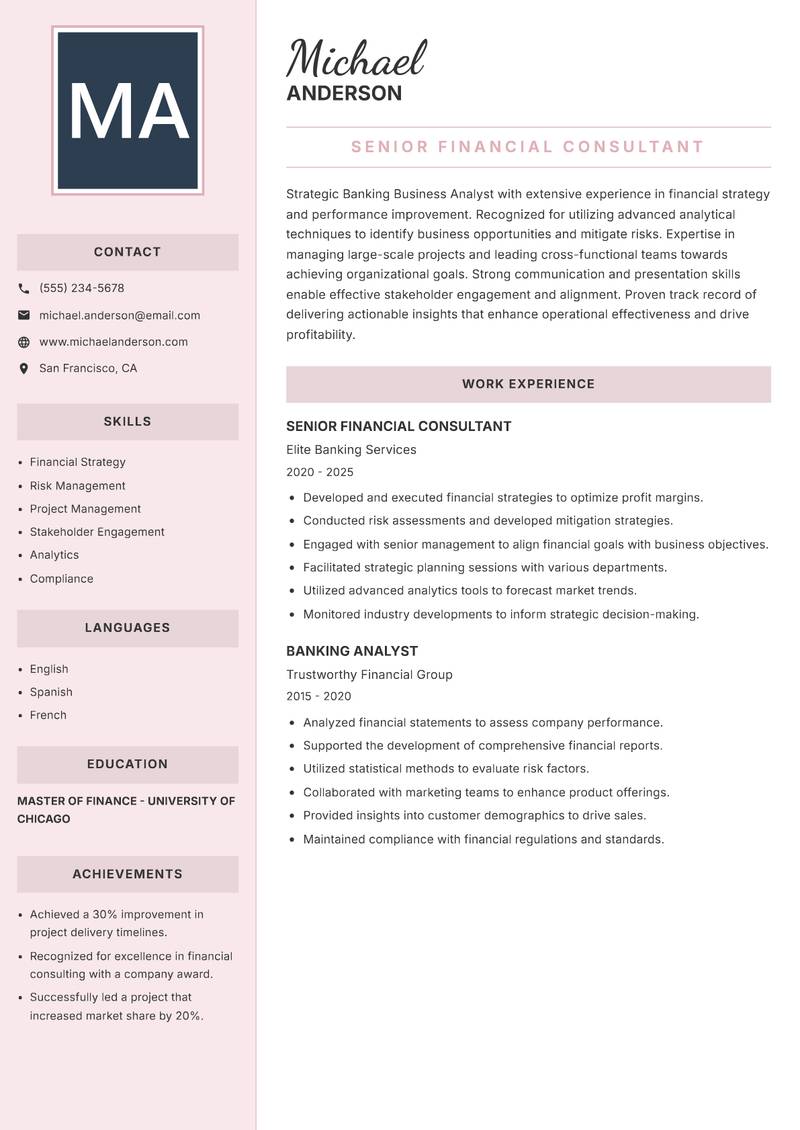 Banking Business Analyst resume sample — Senior Financial Consultant focus