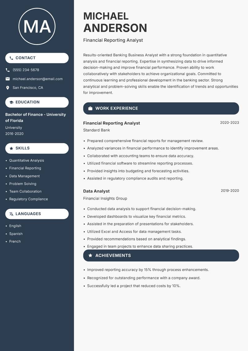 Banking Business Analyst resume sample — Financial Reporting Analyst focus