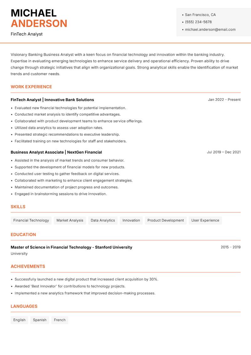Banking Business Analyst resume sample — FinTech Analyst focus