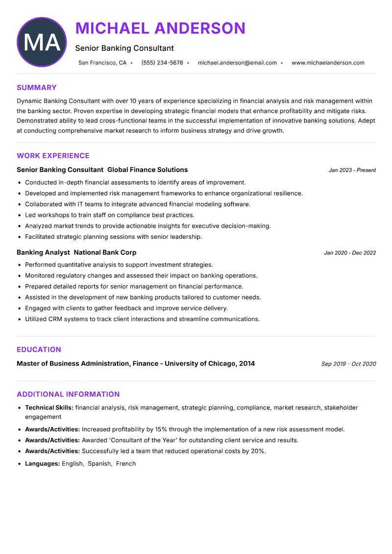 Banking Consultant resume example