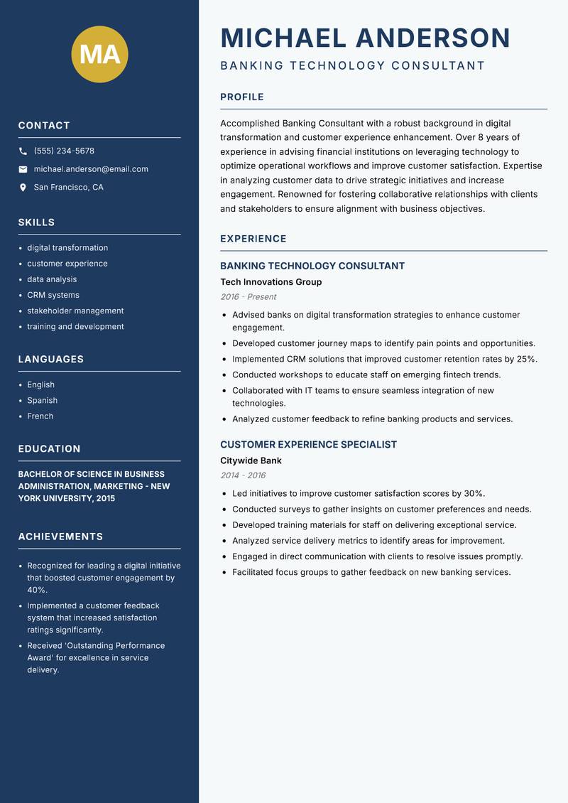 Banking Consultant resume sample — Banking Technology Consultant focus