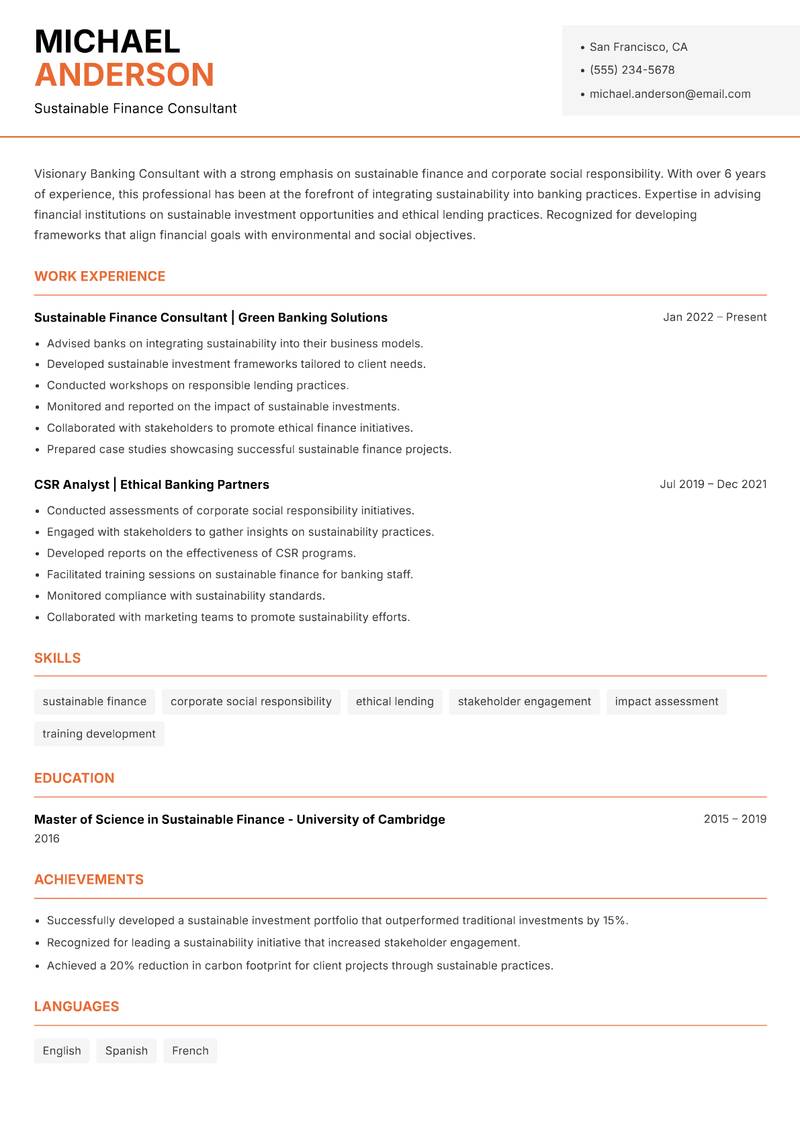Banking Consultant resume sample — Sustainable Finance Consultant focus